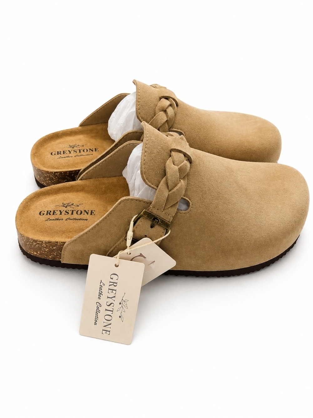Greystone Braided Strap Suede Clogs in Tan